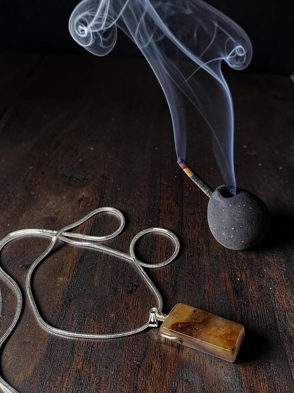 Amber Rectangular Pendant on Silver Snake Chain